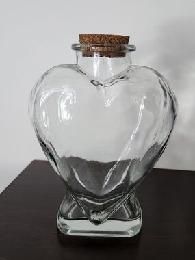 Vintage Clear Glass Heart-Shaped Bottle Jar w/ Cork Stopper – 8” Tall